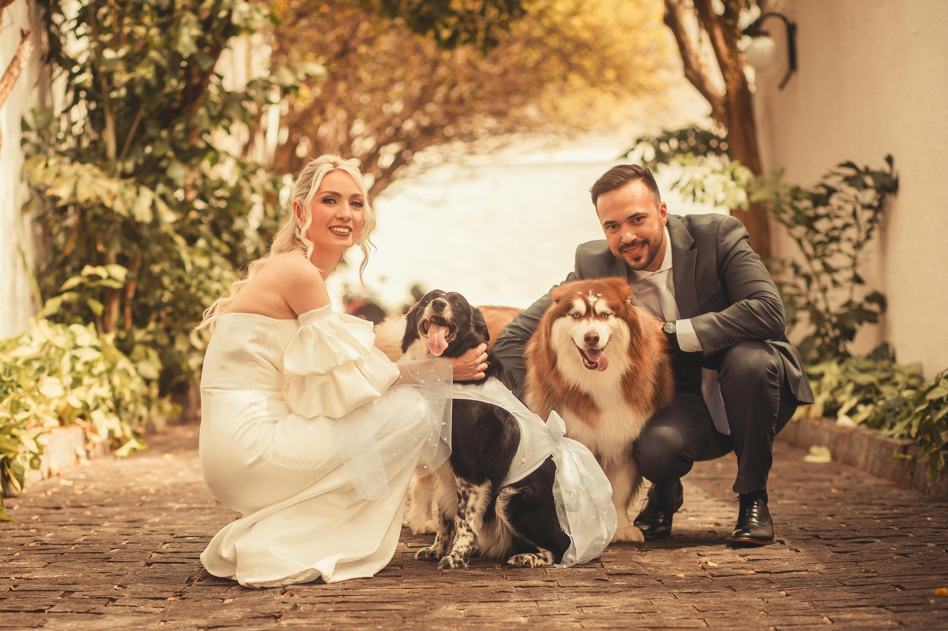 A wedding photo of a wife and husband outdoors squatting down and posing with their two Aussie dogs.